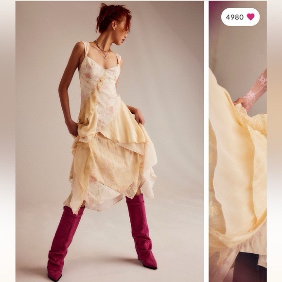 free people movement Dresses & Skirts - Free People Laughlin Vintage Lace Ruffles Mixed Printed Asymmetrical Dress